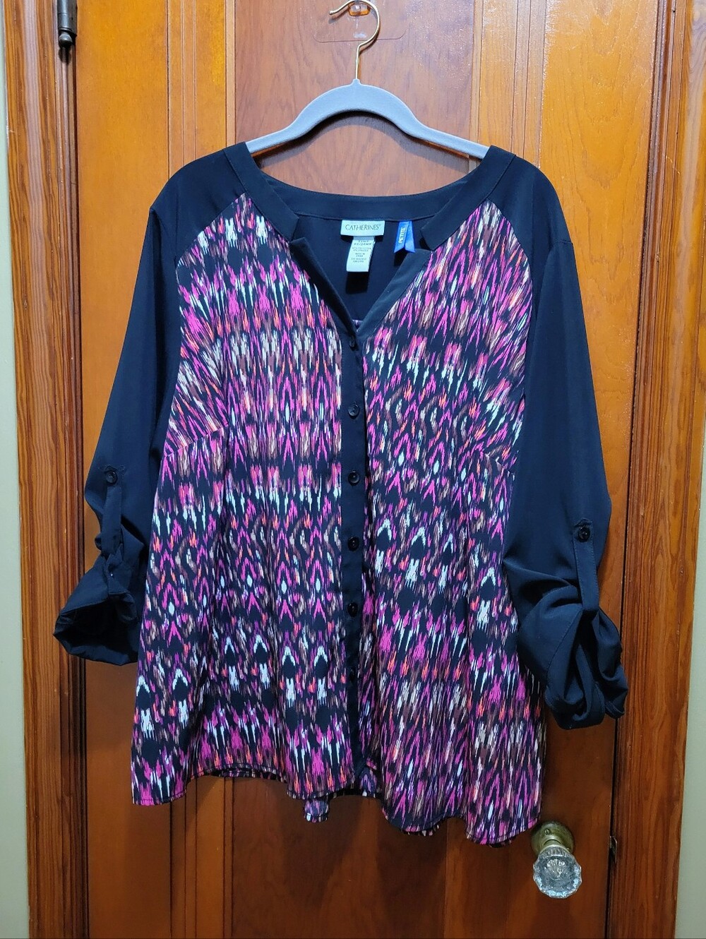 Catherines Ikat Print Roll-Tab Sleeve Blouse Size 2XWP